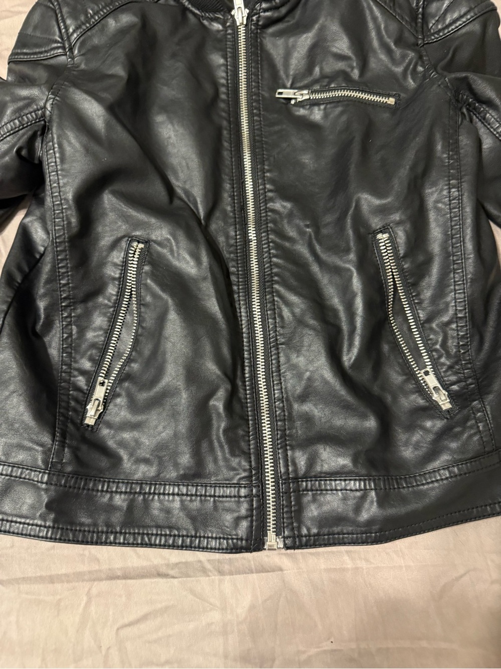 H&M Black Faux-Leather Bomber Jacket with Gray Hood - Picture 5 of 9
